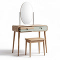 Wooden vanity table with oval mirror and two drawers in green and natural finish 80 x 40 x 75cm