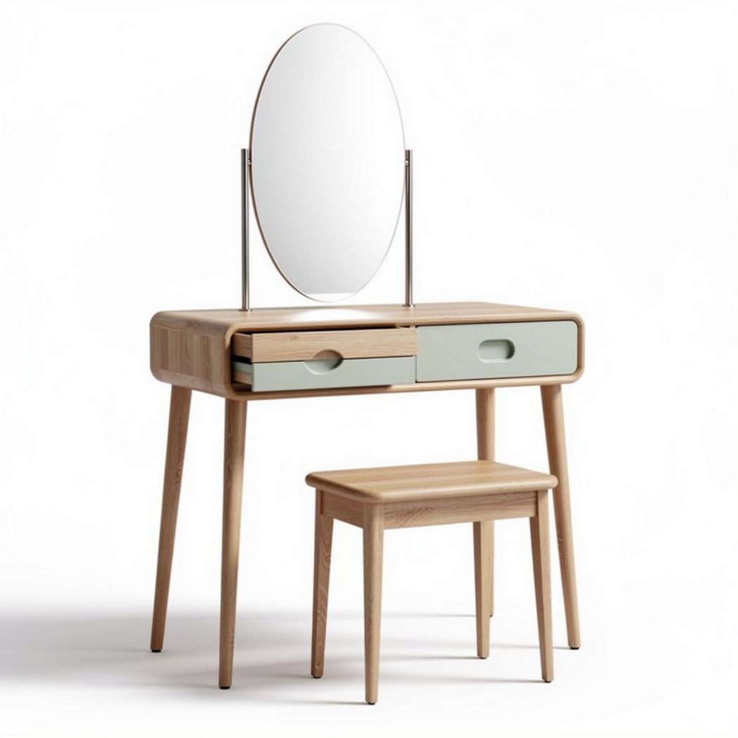 Wooden vanity table with oval mirror and two drawers in green and natural finish 80 x 40 x 75cm