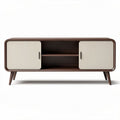 Wooden media console with storage cabinets and open shelves in walnut finish