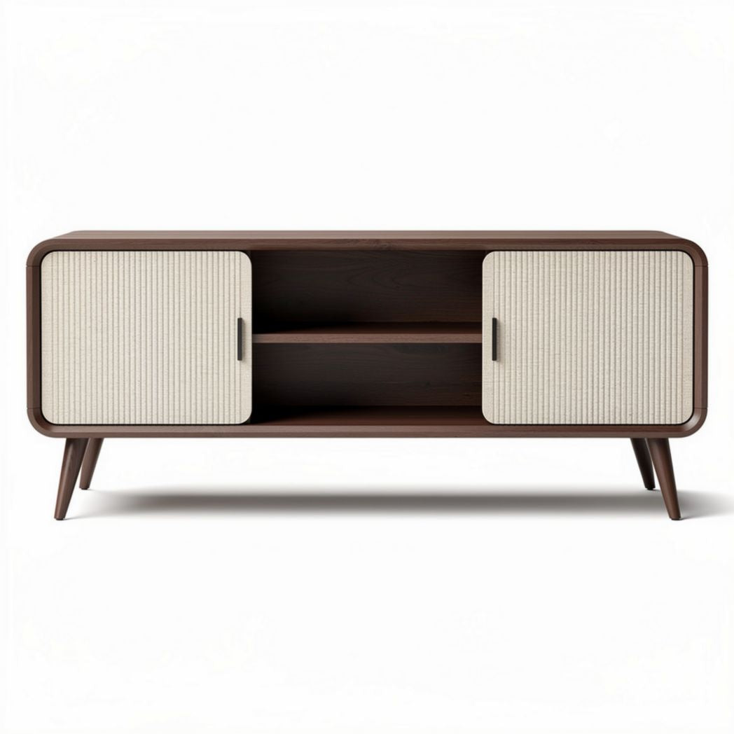 Wooden media console with storage cabinets and open shelves in walnut finish