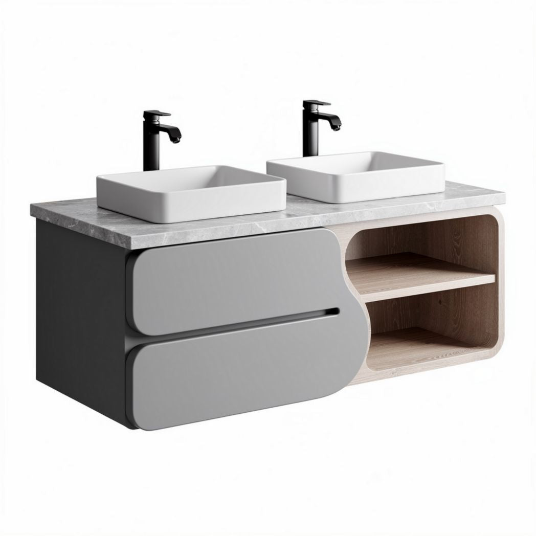 Double sink bathroom vanity with gray finish and marble top 120 x 50 x 45cm