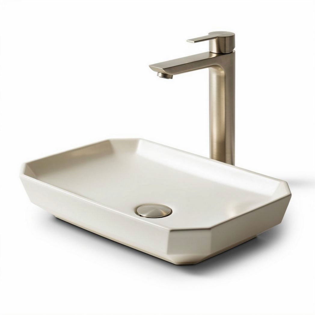 Rectangular ceramic vessel sink in beige color with brushed nickel faucet