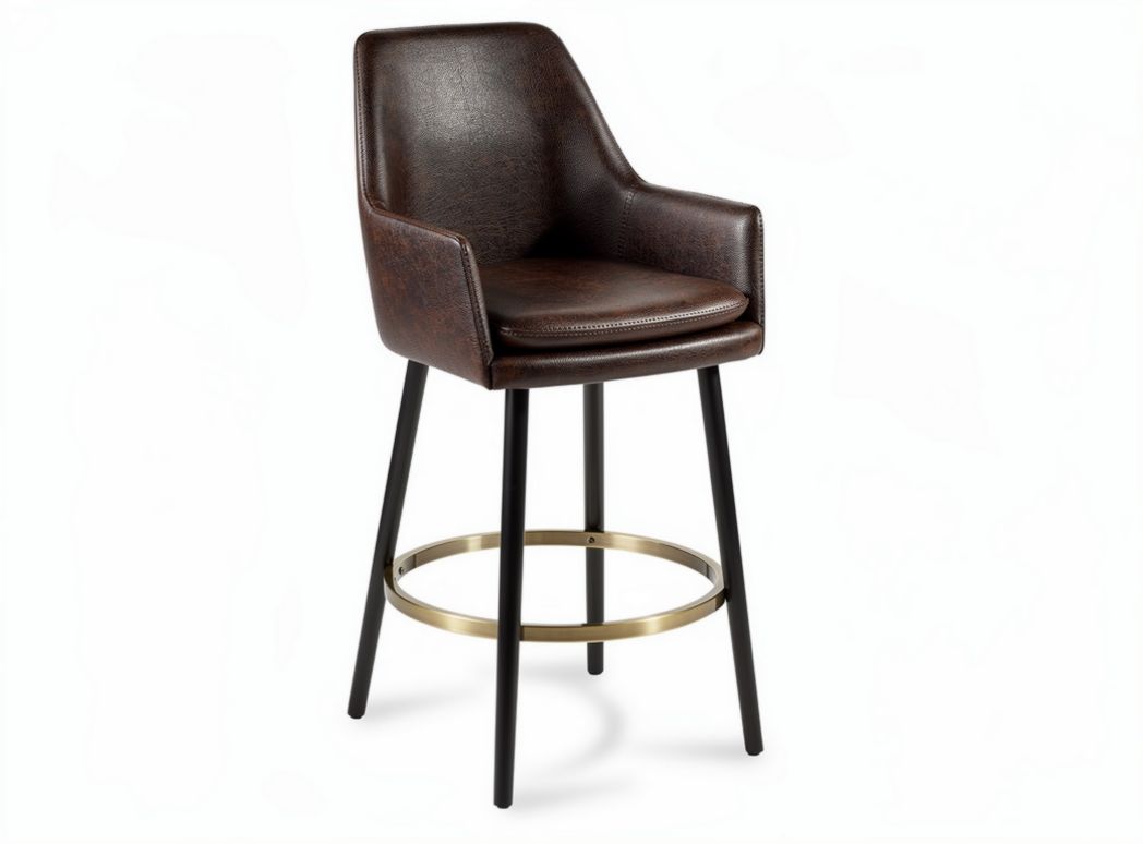 Brown faux leather bar stool with metal footrest and tapered legs