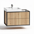 Floating bathroom vanity with two drawers in natural wood finish and white sink 80 x 50 x 45cm