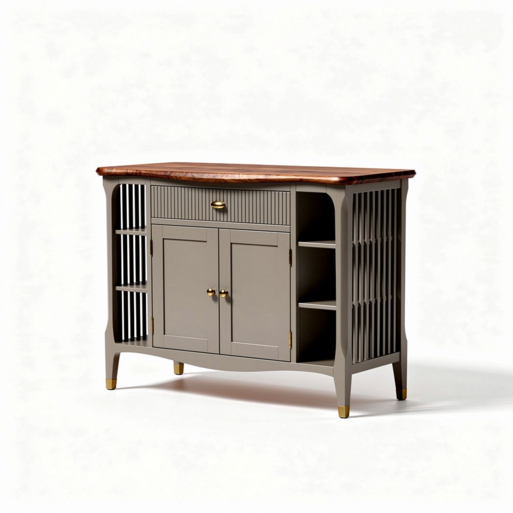 Gray wooden sideboard with natural wood top and open shelves 80 x 40 x 75cm