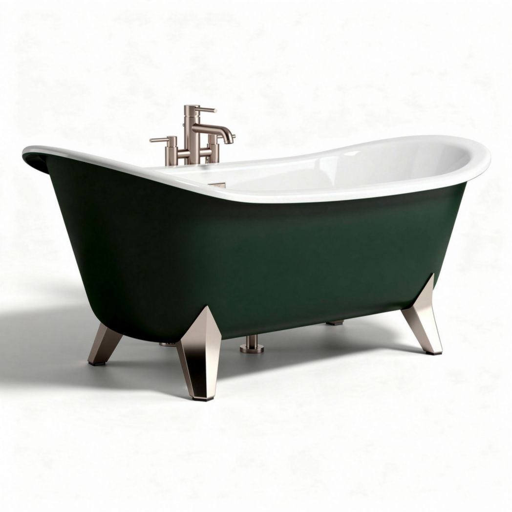 Freestanding modern bathtub in deep green acrylic with chrome fixtures 170 x 75 x 60cm