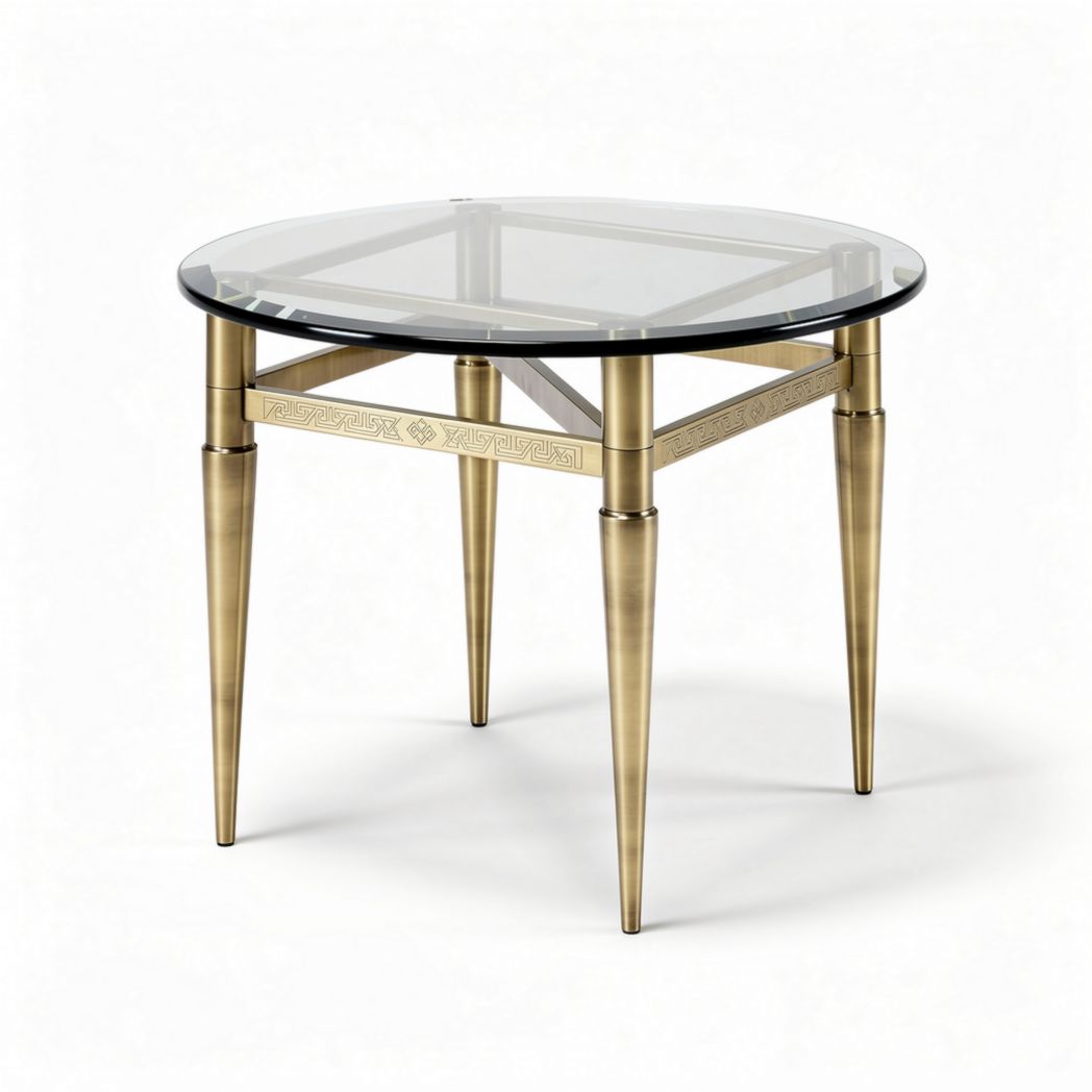 Round glass top side table with brass legs and intricate design 75 x 75 x 75cm