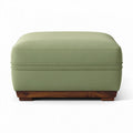 Green fabric ottoman with wooden base for living room seating 80 x 80 x 40cm