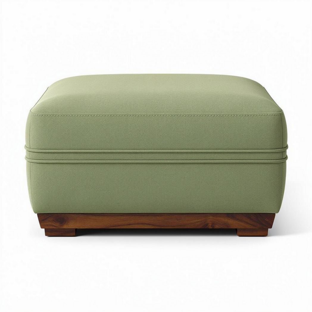 Green fabric ottoman with wooden base for living room seating 80 x 80 x 40cm