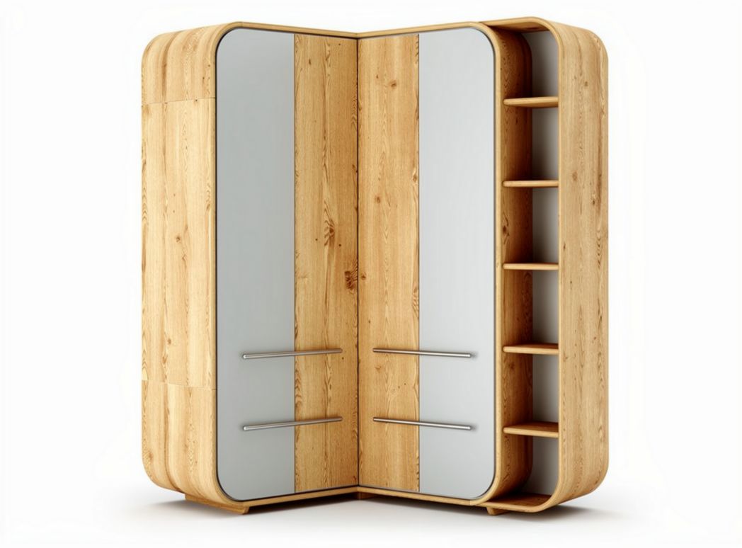 Corner wardrobe with mirrored doors and wooden shelves 150 x 80 x 200cm