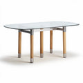 Glass dining table with wooden legs and stainless steel accents 150 x 80 x 75cm