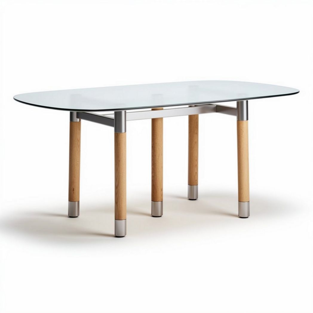 Glass dining table with wooden legs and stainless steel accents 150 x 80 x 75cm