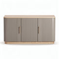 Gray wood storage cabinet with three doors and natural wood accents 120 x 50 x 75cm