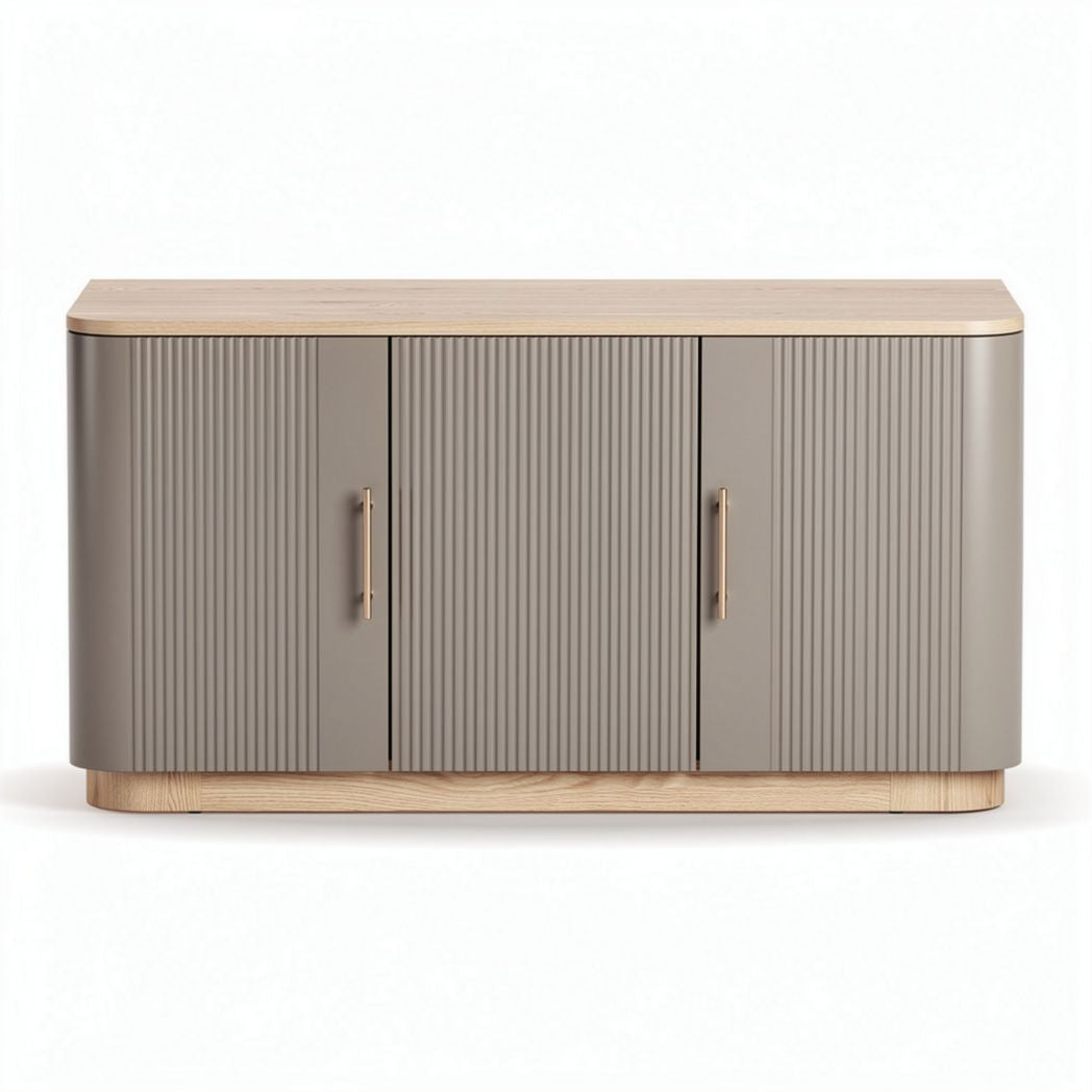 Gray wood storage cabinet with three doors and natural wood accents 120 x 50 x 75cm