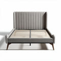 Upholstered grey bed frame with striped headboard and wooden legs 200 x 160 x 100cm