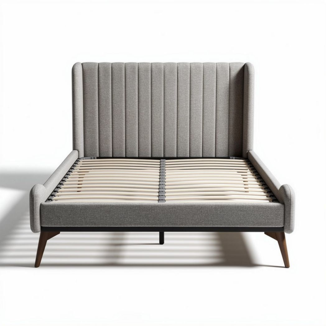 Upholstered grey bed frame with striped headboard and wooden legs 200 x 160 x 100cm