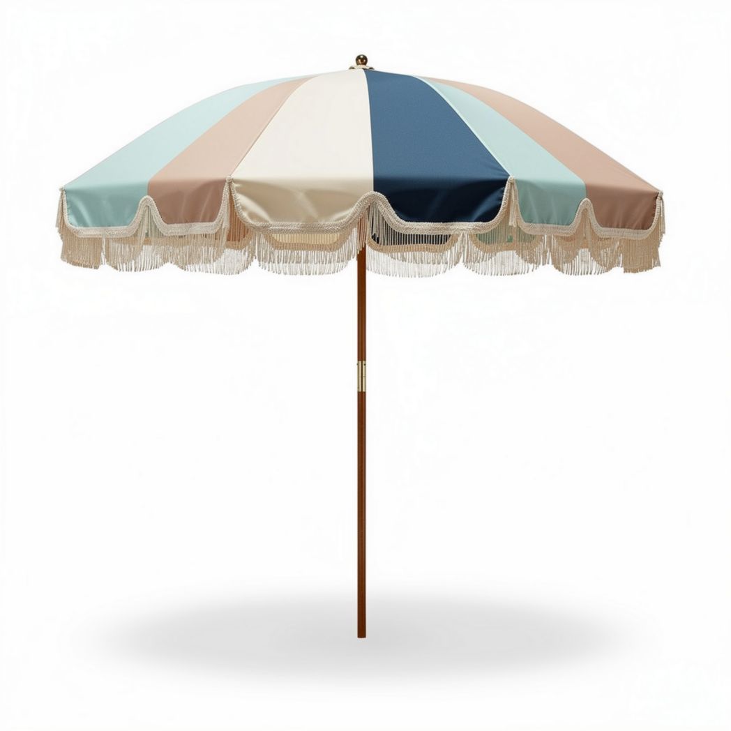Striped outdoor patio umbrella with fringe design and wooden pole 200 x 200 x 240cm